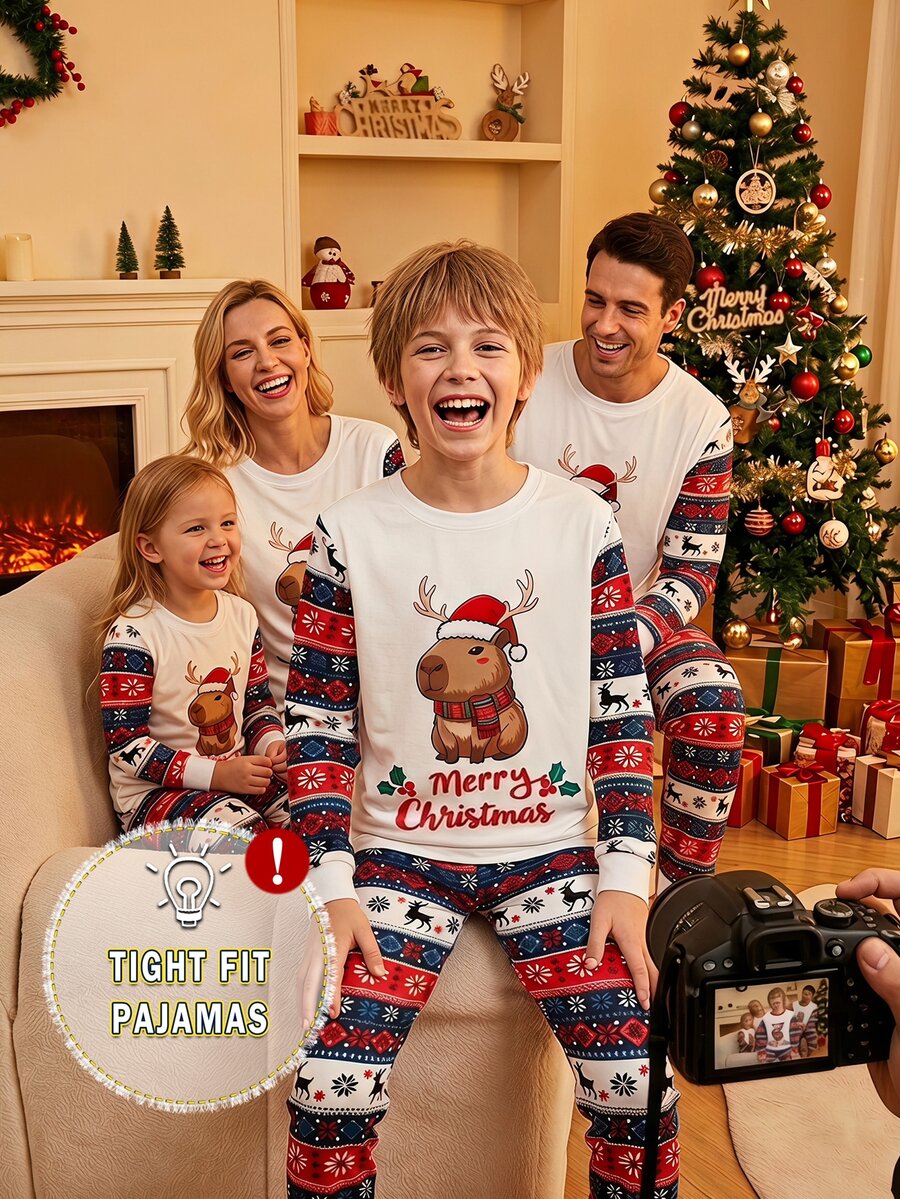SHEIN Tween Boy Autumn/Winter Pajamas 2pcs Christmas Stretchy Snug Fit Long Sleeve Pants Top Print Cartoon Reindeer Snowflake Pack - Red - View 1