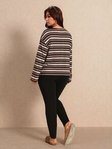 Elaquor Plus Size Autumn Casual Striped Top And Solid Color Leggings 2 Pieces Set Casual Set For Women Fall/Winter Casual Daily Going Out Set Office Work Sets - Multicolor - View 3