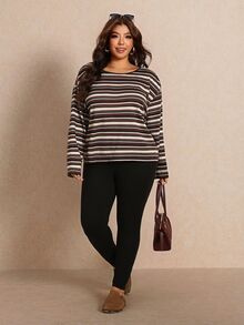 Elaquor Plus Size Autumn Casual Striped Top And Solid Color Leggings 2 Pieces Set Casual Set For Women Fall/Winter Casual Daily Going Out Set Office Work Sets - Multicolor - View 7