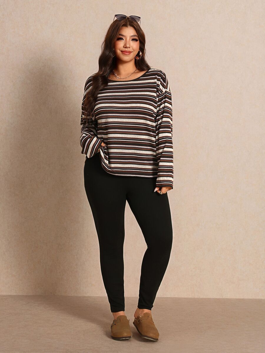 Elaquor Plus Size Autumn Casual Striped Top And Solid Color Leggings 2 Pieces Set Casual Set For Women Fall/Winter Casual Daily Going Out Set Office Work Sets