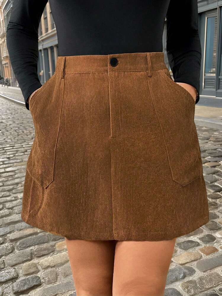 Calvaya Plus Size A-Line Skirt With Zip Pockets, Corduroy Fall - Brown - View 10
