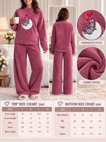 SHEIN Cottnline Solid Color Cute Sleepy Bunny Moon Embroideried Plush Casual Funny Fuzzy Pajama Set Lounge Sleep Purple Winter - Navy Blue - View 6
