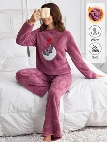 SHEIN Cottnline Solid Color Cute Sleepy Bunny Moon Embroideried Plush Casual Funny Fuzzy Pajama Set Lounge Sleep Purple Winter - Navy Blue - View 1