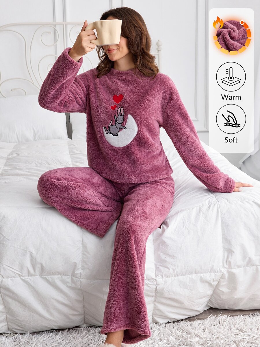 SHEIN Cottnline Solid Color Cute Sleepy Bunny Moon Embroideried Plush Casual Funny Fuzzy Pajama Set Lounge Sleep Purple Winter - Navy Blue - View 1