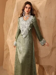 Al Najma Luxury Foil Print & Embroidered Mesh Trim Robe, New Style From Turkey Kaftan Jalabiya Dress - Green - View 6