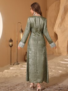 Al Najma Luxury Foil Print & Embroidered Mesh Trim Robe, New Style From Turkey Kaftan Jalabiya Dress - Green - View 2