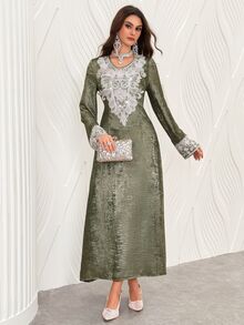 Al Najma Luxury Foil Print & Embroidered Mesh Trim Robe, New Style From Turkey Kaftan Jalabiya Dress - Green - View 1