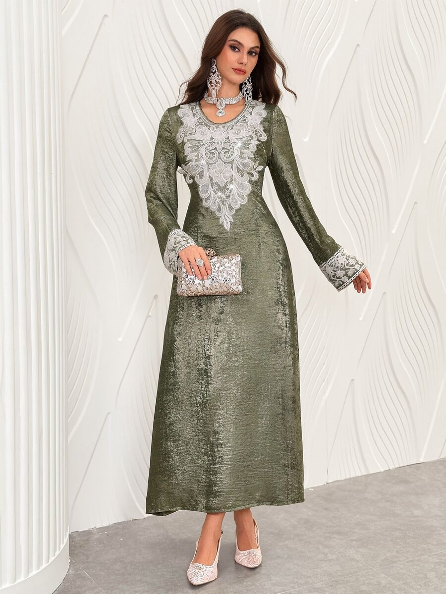 Al Najma Luxury Foil Print & Embroidered Mesh Trim Robe, New Style From Turkey Kaftan Jalabiya Dress - Green - View 1