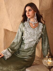 Al Najma Luxury Foil Print & Embroidered Mesh Trim Robe, New Style From Turkey Kaftan Jalabiya Dress - Green - View 8