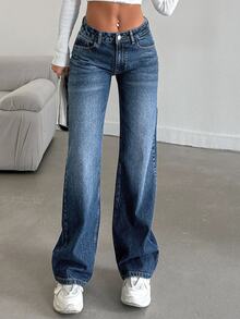 SHEIN Cottnline جينز كاجوال نسائي مقاس كبير، ساق واسعة، خصر مطاطي، غسيل متوسط، منحنى - أزرق متوسط - مشاهدة 7
