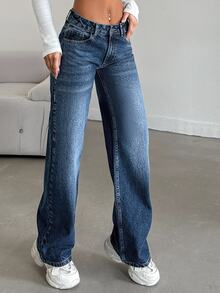 SHEIN Cottnline جينز كاجوال نسائي مقاس كبير، ساق واسعة، خصر مطاطي، غسيل متوسط، منحنى - أزرق متوسط - مشاهدة 9