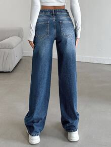 SHEIN Cottnline جينز كاجوال نسائي مقاس كبير، ساق واسعة، خصر مطاطي، غسيل متوسط، منحنى - أزرق متوسط - مشاهدة 3