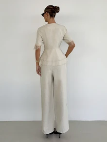 Siren Gaze 女款蕾絲拼接V領西裝外套與長褲套裝 米色 夏季 辦公商務 優雅法式休閒 - 杏色 - 查看 2