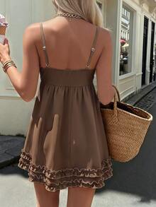INAWLY Women's Vintage Shades Of Brown Sleeveless Dress, Decorated With Frill Trim, Elegant French Beach Vacation Style, Sexy Party, Music Festival, Date - Mocha Brown - View 2