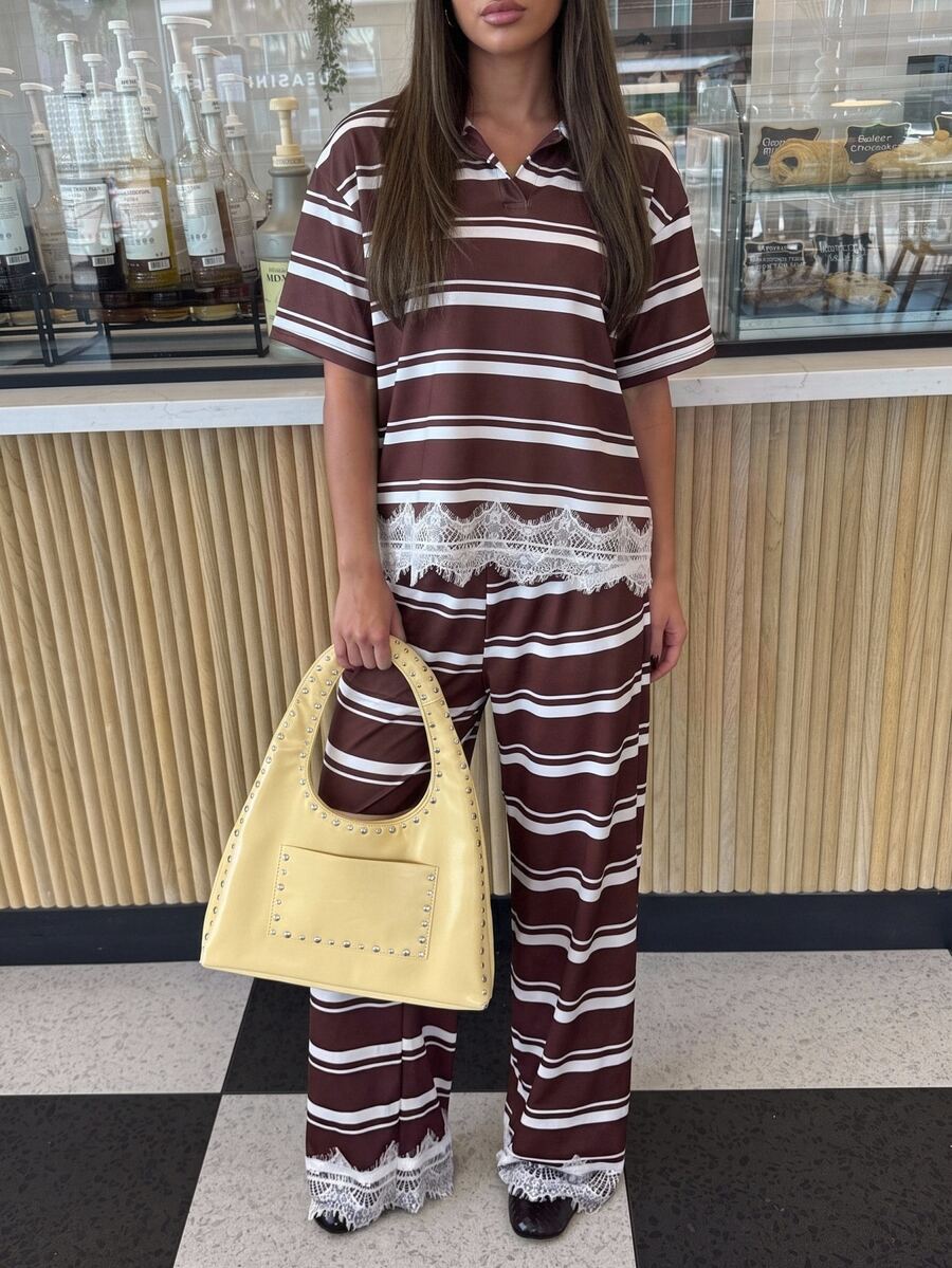 Siren Gaze Women's White And Burgundy Lace Patchwork Top And Pants 2 Pieces Set Brunch Vacation Autumn Casual - Brown - View 1