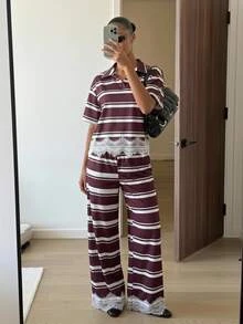 Siren Gaze Women's White And Burgundy Lace Patchwork Top And Pants 2 Pieces Set Brunch Vacation Autumn Casual - Brown - View 10