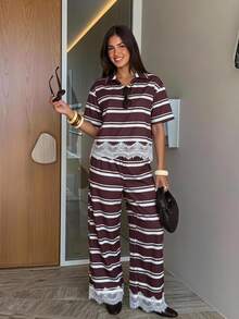 Siren Gaze Women's White And Burgundy Lace Patchwork Top And Pants 2 Pieces Set Brunch Vacation Autumn Casual - Brown - View 9