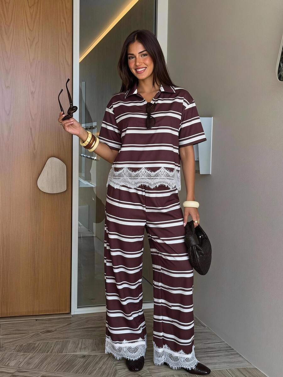 Siren Gaze Women's White And Burgundy Lace Patchwork Top And Pants 2 Pieces Set Brunch Vacation Autumn Casual - Brown - View 1