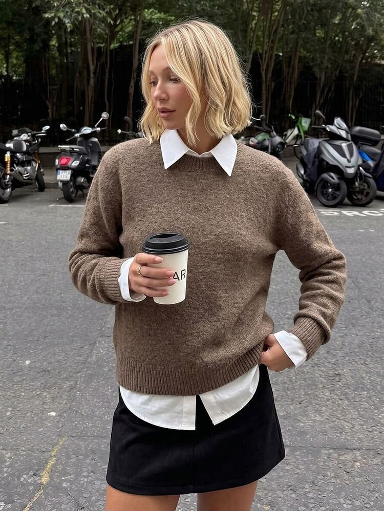 SHEIN PariChic Casual Style Solid Color Crew Neck Long Sleeve Knitted Sweater Fall Winter - Brown - View 1