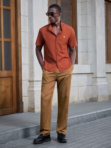 Mainfolk 男士梭織時尚休閒寬鬆直筒長褲，彈性腰帶，純色 - 棕色 - 查看 3