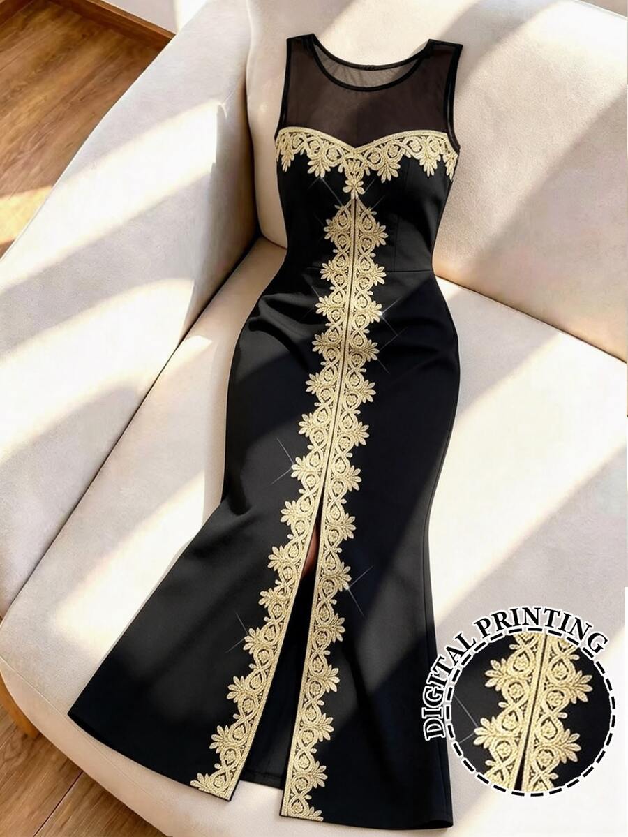 Elenzga Elegant Gold Luxurious Lace Trim Bodycon Mermaid Tail Elastic Slim Fit Plus Size Dress - Black - View 1