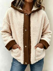 SHEIN LUNE Women's Colorblock Plush Casual Versatile Long Sleeve Jacket, Autumn/Winter - White - View 3