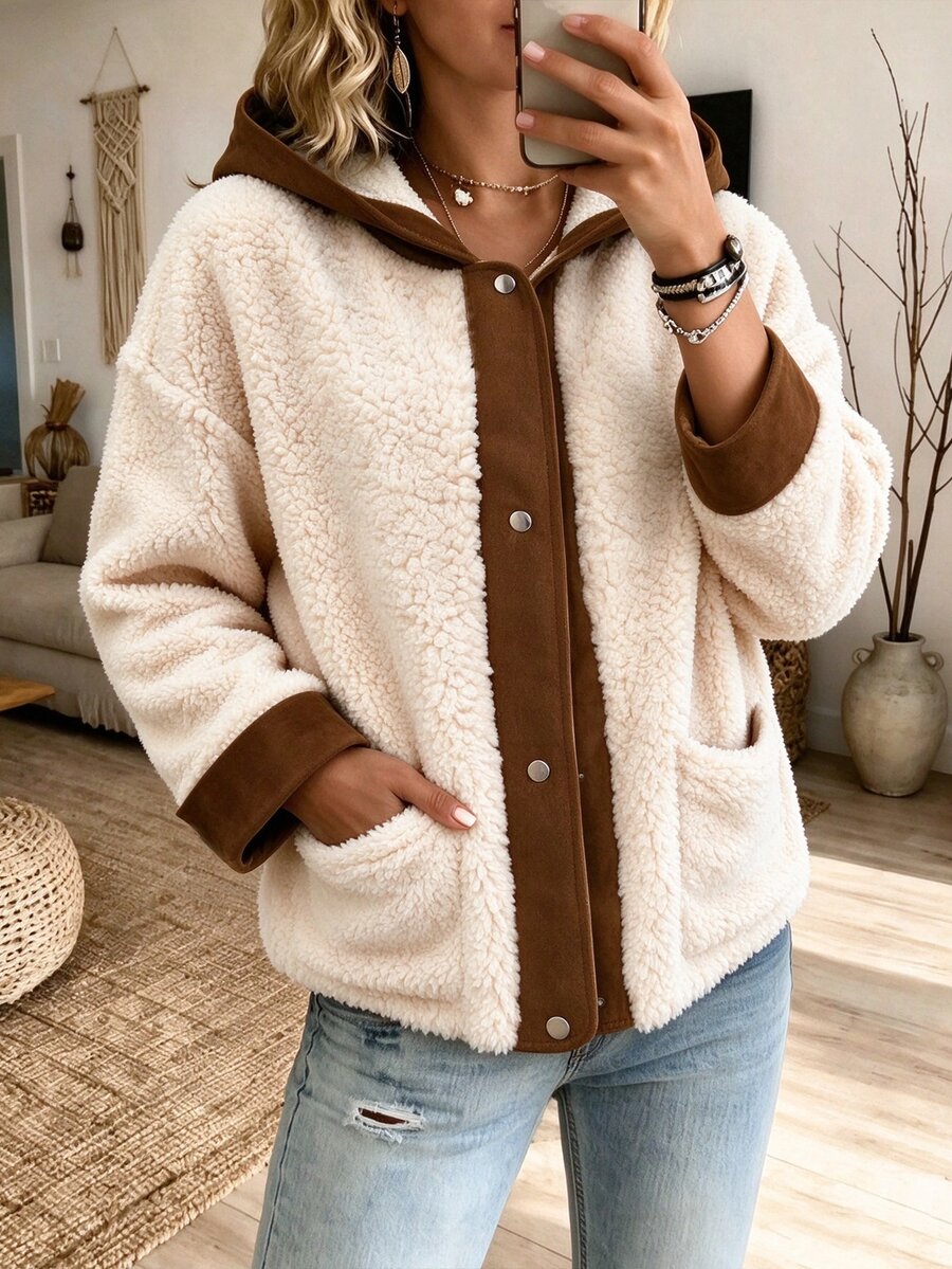 SHEIN LUNE Women's Colorblock Plush Casual Versatile Long Sleeve Jacket, Autumn/Winter - White - View 1