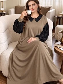 Lacomfia Casual Minimalist Solid Color Contrast Lace Collar Dropped Shoulder Long Sleeve Loose Regular Fit Plus Size Sweatshirt For Spring And Autumn - Multicolor - View 1