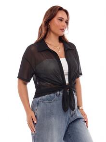 SHEIN EZwear 大尺碼女款夏季透視前排釦短袖襯衫 母親節度假辦公正式晚宴黑色性感反社交商務休閒上衣 - 黑色 - 查看 2