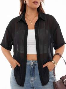 SHEIN EZwear 大尺碼女款夏季透視前排釦短袖襯衫 母親節度假辦公正式晚宴黑色性感反社交商務休閒上衣 - 黑色 - 查看 9