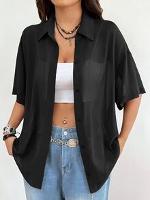SHEIN EZwear 大尺碼女款夏季透視前排釦短袖襯衫 母親節度假辦公正式晚宴黑色性感反社交商務休閒上衣 - 黑色 - 查看 5