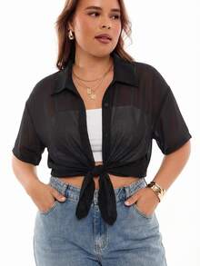 SHEIN EZwear 大尺碼女款夏季透視前排釦短袖襯衫 母親節度假辦公正式晚宴黑色性感反社交商務休閒上衣 - 黑色 - 查看 6