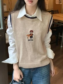 DAZY Women's Colorblock Letter Cartoon Pattern Casual Daily Knit Vest Fall - Apricot - View 3