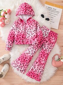 SHEIN 女童豹紋連帽衛衣與喇叭褲套裝 - 粉色 - 查看 3