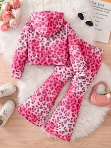 SHEIN 女童豹紋連帽衛衣與喇叭褲套裝 - 粉色 - 查看 4