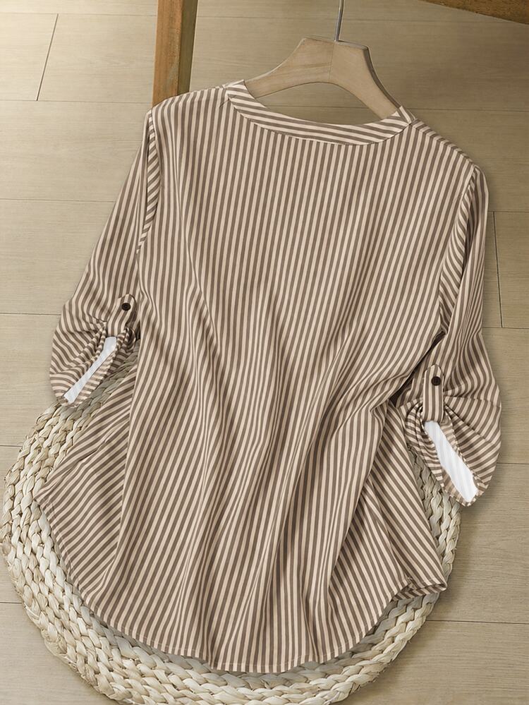 Rusticease Autumn Tops Halloween Women Clothes Blouse Shirts Going Out Office Top Women's Shirt Stripe Casual French Brown And White Polka Dot Stripe - Apricot - View 8