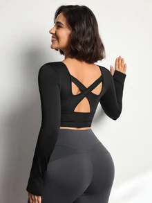 valorelle valorelle Women's Streetwear Cropped Long Sleeve Sports T-Shirt For Yoga - Black - View 3