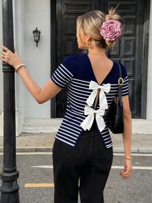 Pariaura Striped Print Backless Bow Decor Women T-Shirt - Blue - View 4