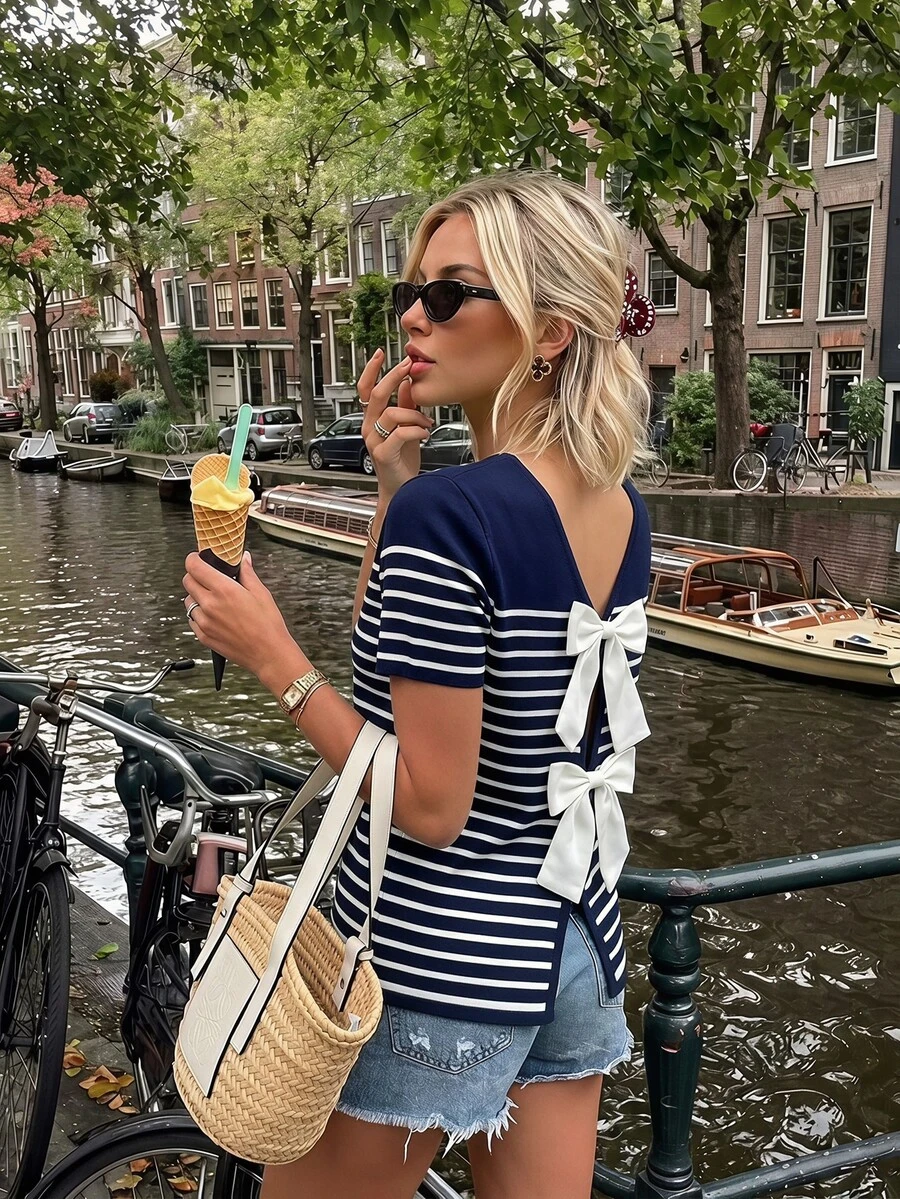 Pariaura Striped Print Backless Bow Decor Women T-Shirt - Blue - View 1