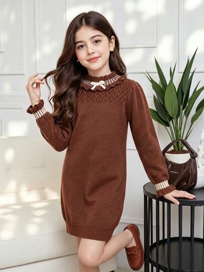 SHEIN Girls' Semi-High Neck Textured Cable Knit Minimalist Versatile Brown Sweater Dress, Elegant Casual Warm Comfortable For Daily Wear And Commuting, Autumn/Winter