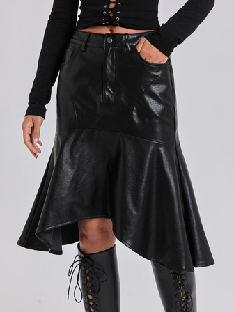 Jupe moulante en PU pour femmes, style décontracté sexy Y2K, taille basse avec lien à la taille, œillets métalliques, ourlet asymétrique et coupe sirène, automne/hiver