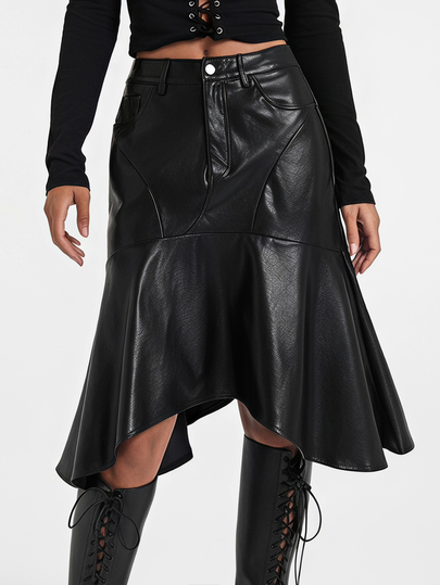 Jupe moulante en PU pour femmes, style décontracté sexy Y2K, taille basse avec lien à la taille, œillets métalliques, ourlet asymétrique et coupe sirène, automne/hiver