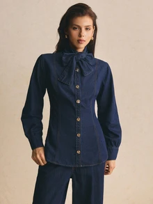 Easowa Women's Fashion Street Button Bow Tie Lace-Up Denim Top - Dark Wash - View 6