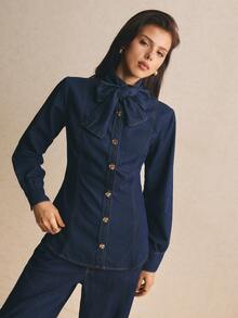 Easowa Women's Fashion Street Button Bow Tie Lace-Up Denim Top - Dark Wash - View 7