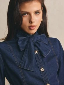Easowa Women's Fashion Street Button Bow Tie Lace-Up Denim Top - Dark Wash - View 9