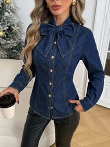 Easowa Women's Fashion Street Button Bow Tie Lace-Up Denim Top - Dark Wash - View 1