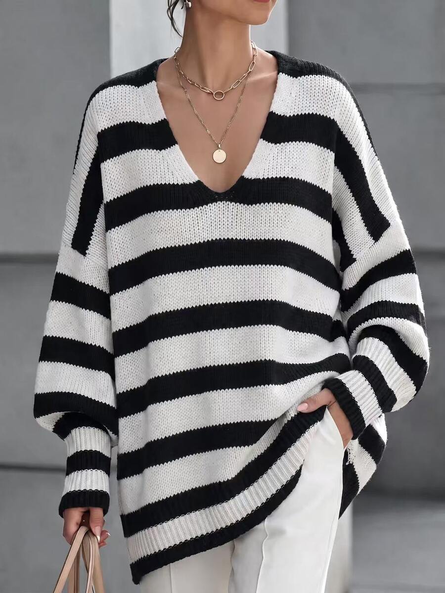 Balvessa Women's Casual Color Block Striped Sweater, Autumn/Winter - Black and White - View 1