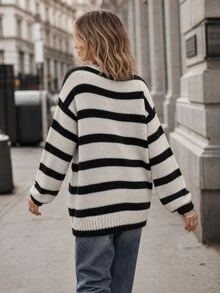 Balvessa Women's Casual Color Block Striped Sweater, Autumn/Winter - Black and White - View 2