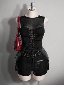 SHEIN ICON 大尺碼復古Y2K性感網格拼接背心上衣 - 黑色 - 查看 10