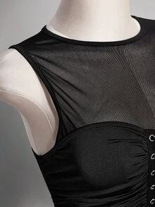 SHEIN ICON 大尺碼復古Y2K性感網格拼接背心上衣 - 黑色 - 查看 9